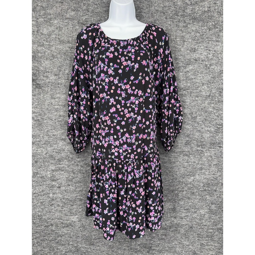H&M Dress Womens M Black Floral Scoop Neck 3/4 Sleeve Boho Swing Ruffle Hem